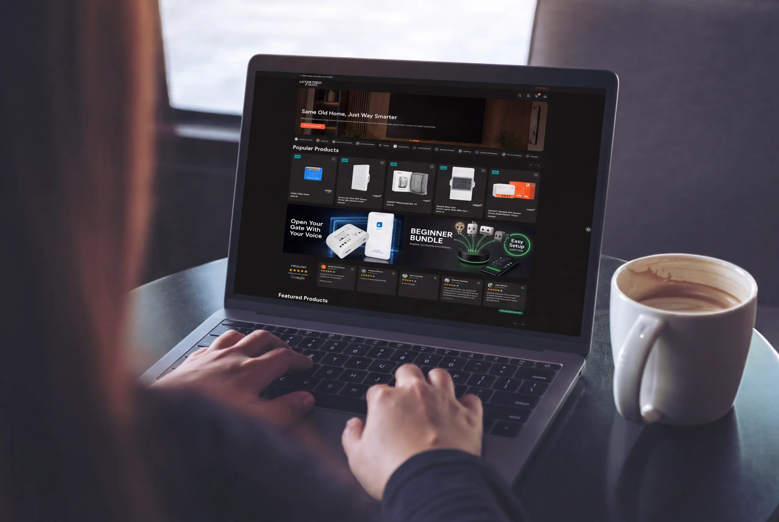 Laptop showing the Untamed Technologies online store homepage, headlined "Same Old Home, Just Way Smarter".